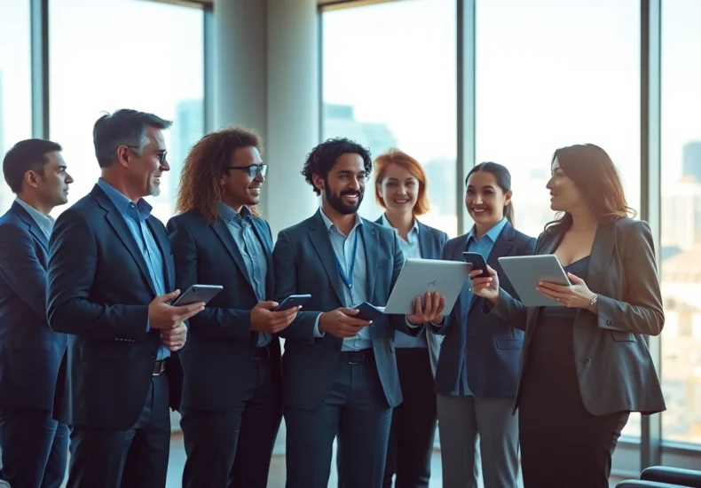 Plan an AI strategy with diverse leaders collaborating in a bright office environment.