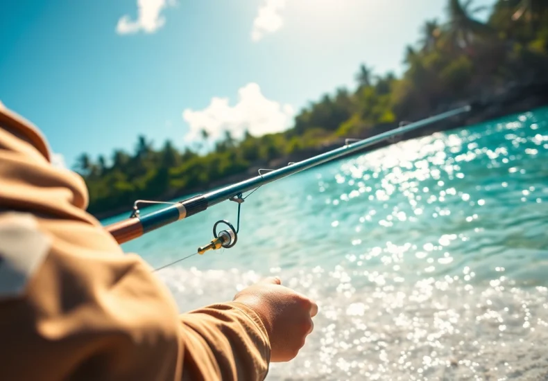 Catch a glimpse of saltwater fly fishing as an angler casts a line from a tropical shore.