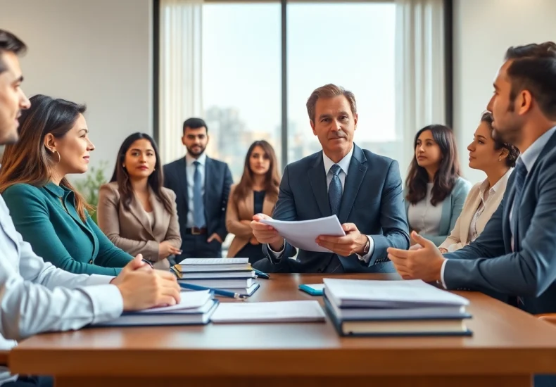 Abogada de inmigracion advising clients in a professional office setting