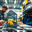 Change gear oil 75w-90 with professional mechanics in a bright auto repair shop.
