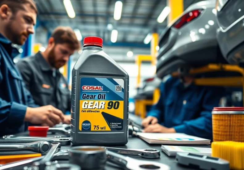 Change gear oil 75w-90 with professional mechanics in a bright auto repair shop.