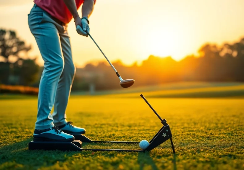 Golfer training with a golf swing training aid at sunset on a driving range.