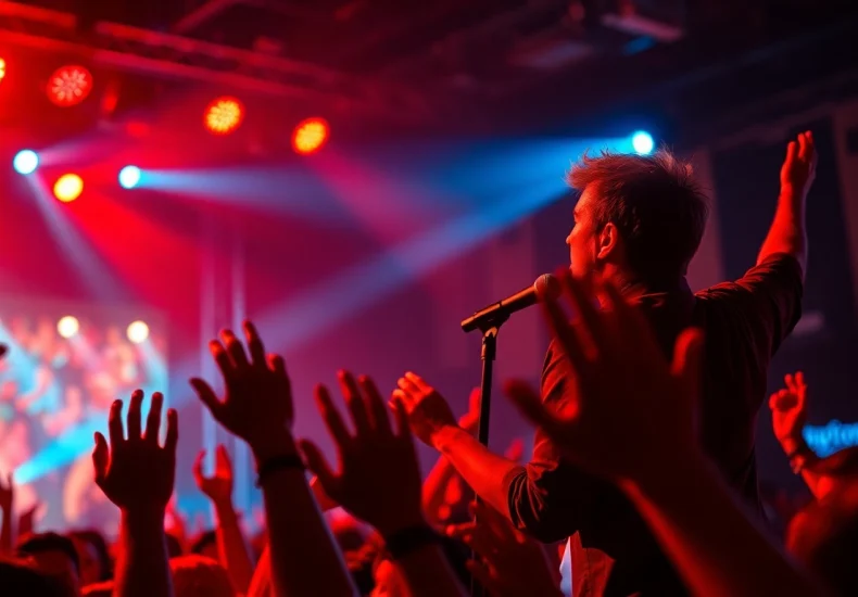 Performance by a musician captivating an audience at a lively concert, showcasing energy and engagement.
