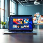 Showcasing AI design solutions in a modern workspace with vibrant design elements.
