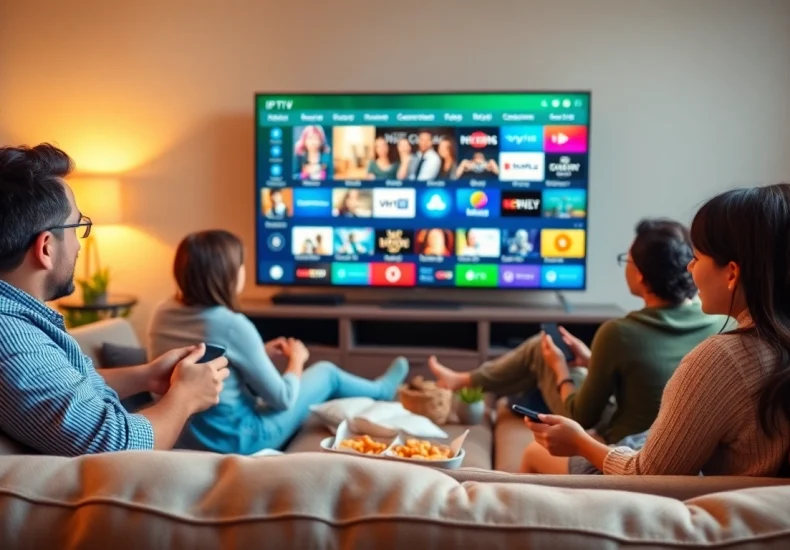 No credit card IPTV trial with family enjoying home entertainment in cozy living room.