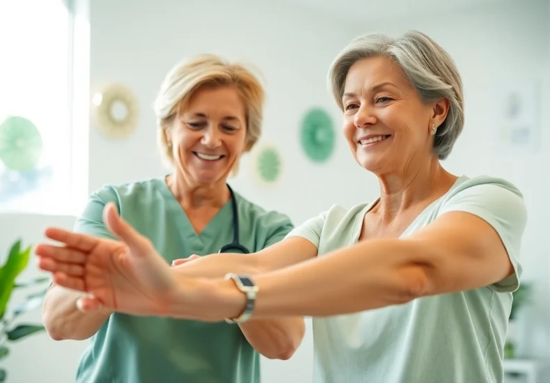 Engaging physiotherapy session in a welcoming clinic, emphasizing 'physiotherapy near me' services.