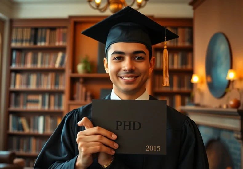 Illustration of where to buy PhD degree in a scholarly environment, featuring a graduate with diploma.