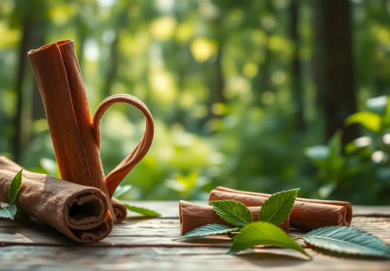 Transforming cinnamon bark into aromatic pleasures with its intricate textures on a wooden surface.