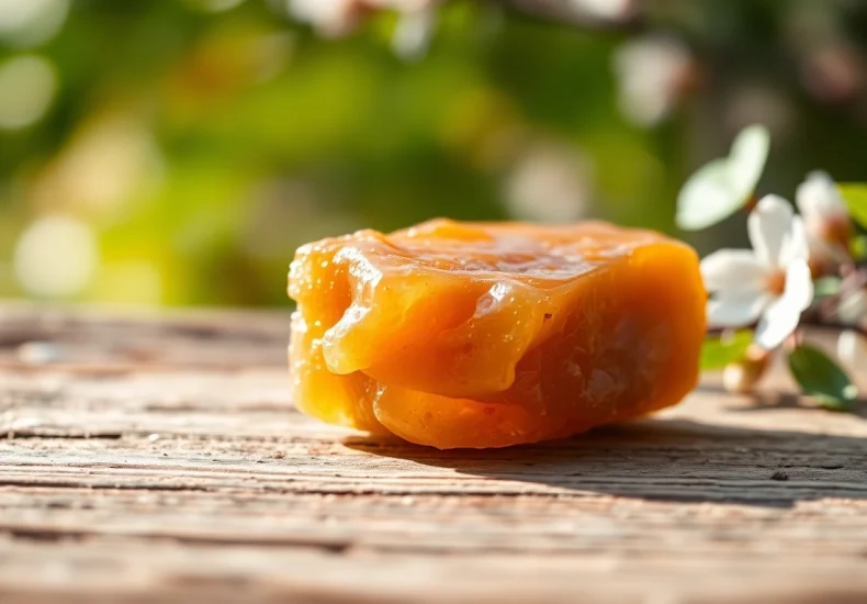 Benjoin resin showcased with natural textures and earthy tones, reflecting its therapeutic qualities.