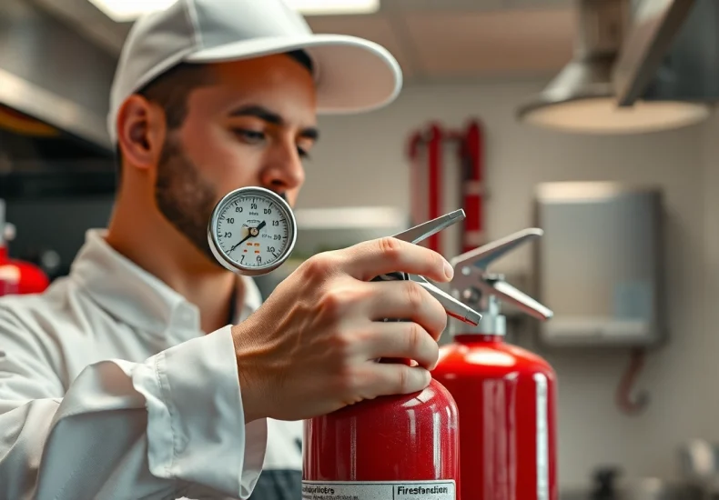 Performing fire extinguisher service inspection in a commercial kitchen setting.