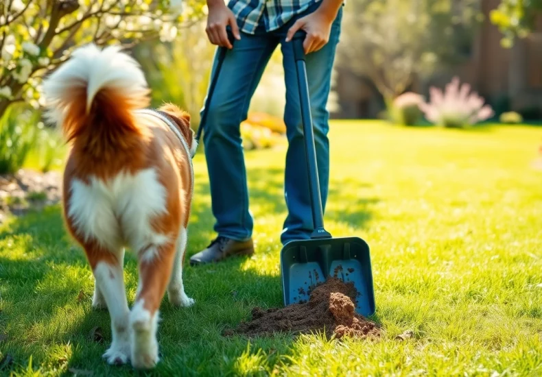 Clean up dog poop in a sunny backyard, showcasing a responsible pet owner using a scooper.