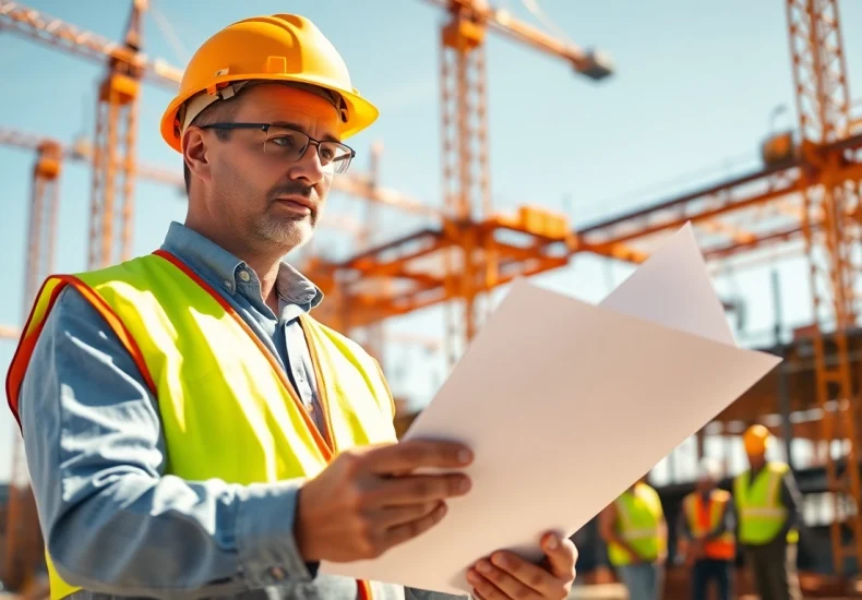 View of a construction manager analyzing nvq level 7 construction senior management answers on blueprints at a construction site.