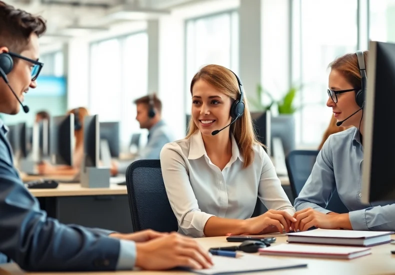 Call center services showcased in an engaging office setting with professional agents attending to customer calls.