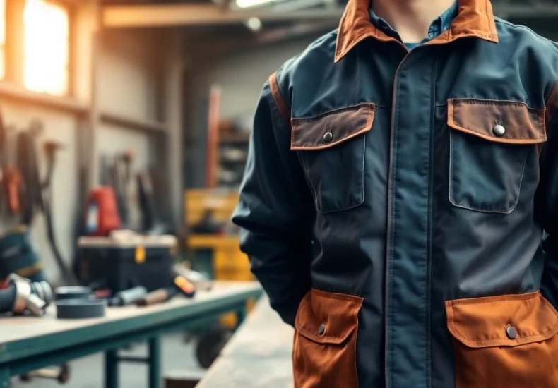Welding jacket displayed on a workbench, highlighting its flame-resistant features and industrial setting.