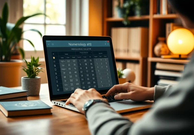 Calculate your destiny with a numerology calculator on a modern laptop in a cozy study.