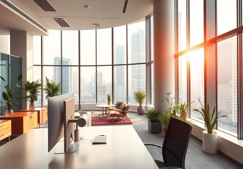 Discover modern commercial space for rent in Bangalore with a sleek office interior and city views.