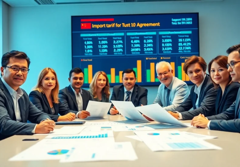 Business professionals discussing import tariffs China during a meeting, showcasing trade data analysis.