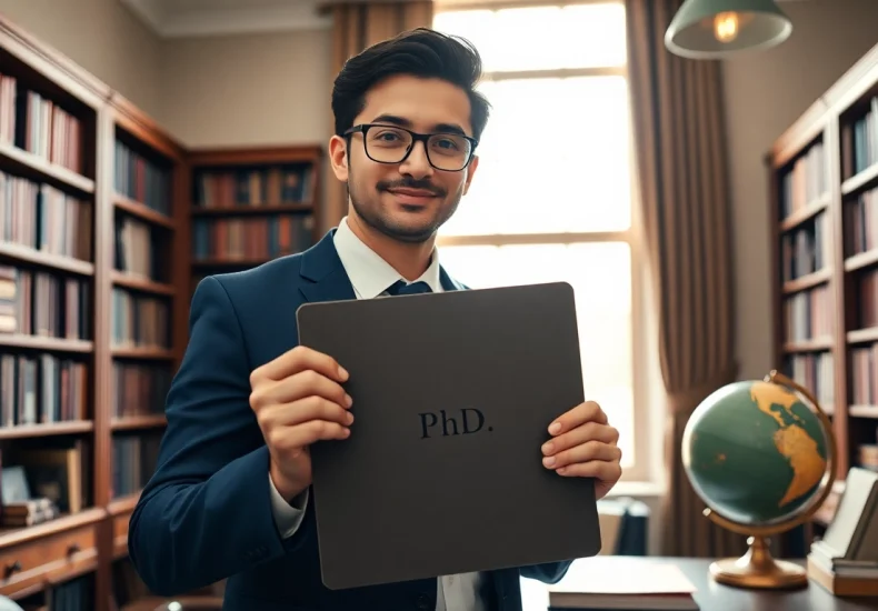 Learn where to buy PhD degree in an inspiring office setting with a professional holding a diploma.