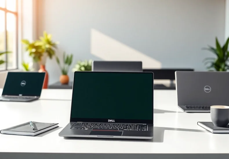 Estudio moderno con laptos Dell exhibidos, incluyendo un Dell XPS, en un escritorio elegante.