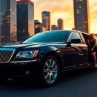 Experience a premium luxury limo service with a stylish black limousine in an elegant city setting.