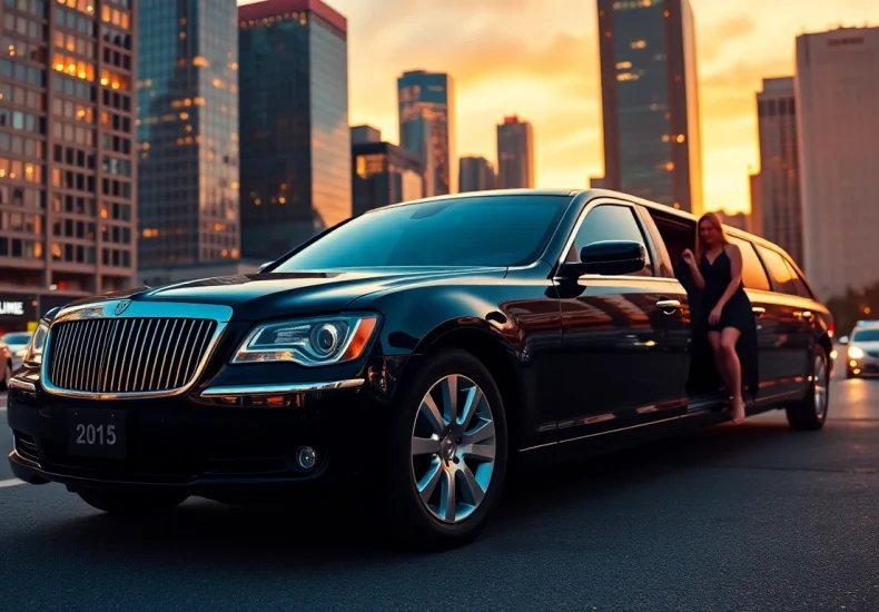 Experience a premium luxury limo service with a stylish black limousine in an elegant city setting.