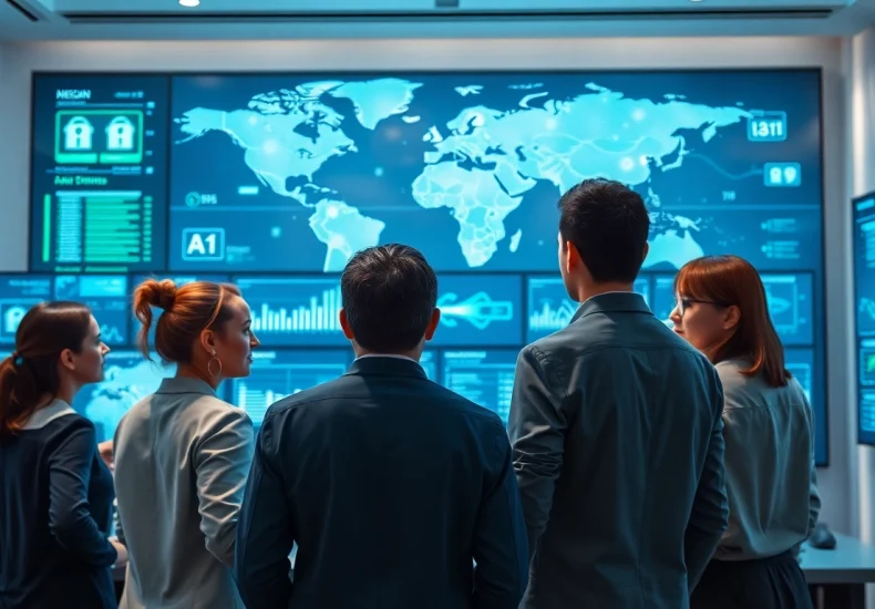 Cyber security services offered by a diverse professional team in a modern office.