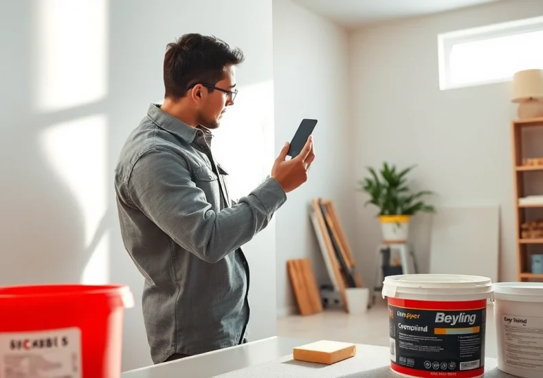Expert performing drywall repair madison wi in a modern living room setting with tools and natural light.