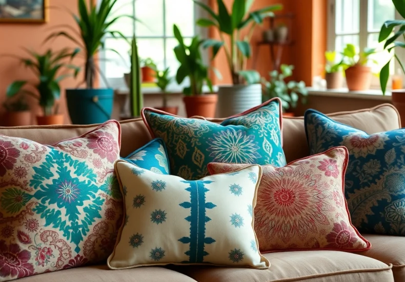 Showcase of Cactus Silk Pillows arranged on a cozy sofa in a bohemian living room setting
