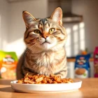 Delighted cat enjoying premium cat food North Vancouver in a bright kitchen setting.
