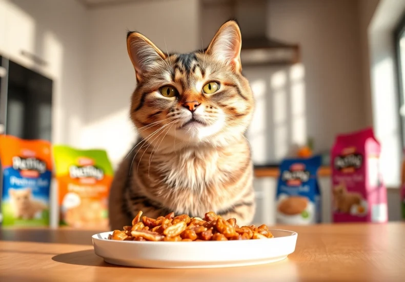 Delighted cat enjoying premium cat food North Vancouver in a bright kitchen setting.