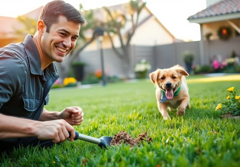 Alamo Ranch poop scooper efficiently cleaning a yard, showcasing a professional service in action.