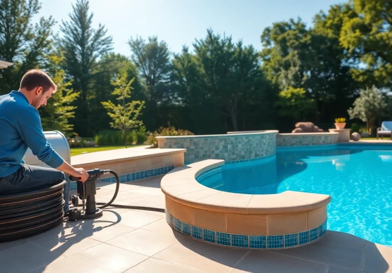 Efficient swimming pool installation process featuring a skilled installer enhancing a beautiful backyard oasis.