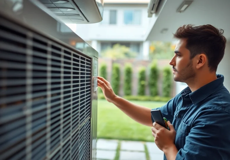 Providing HVAC services Los Angeles, a technician expertly inspects an air conditioning unit in a residential setting.