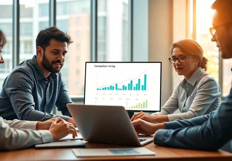 Visual representation of a team conducting a competitor pricing analysis in a professional setting.