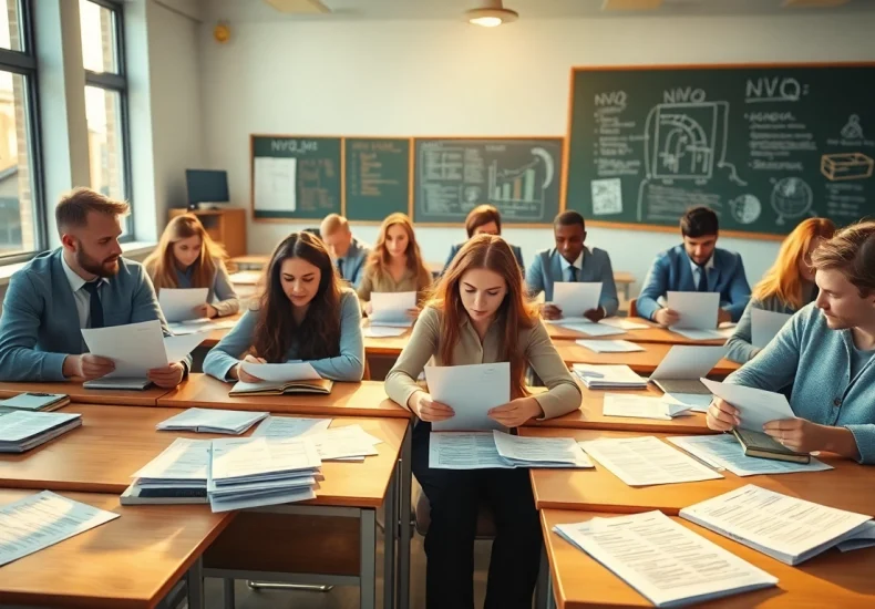 Students reviewing NVQ sample answers in a bright classroom setting filled with educational materials.