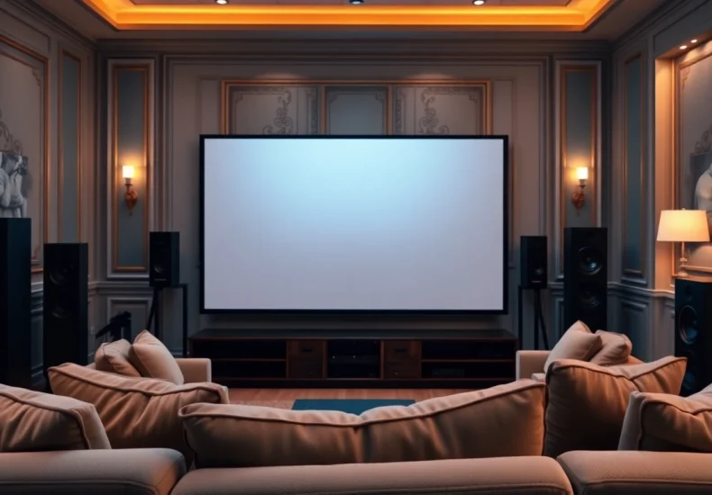 Experience top-tier home theater installation near me, showcasing a luxurious setup in a well-lit living room.