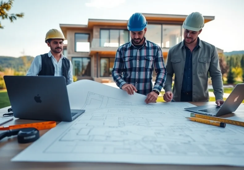 Engaging view of professional custom home builders near me discussing architectural plans.