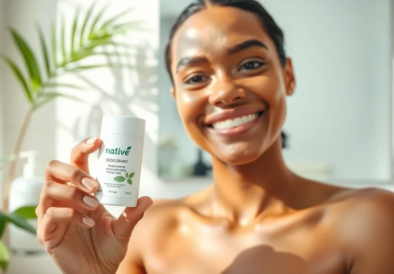 Experience refreshing native deodorant application in a bright, natural setting.