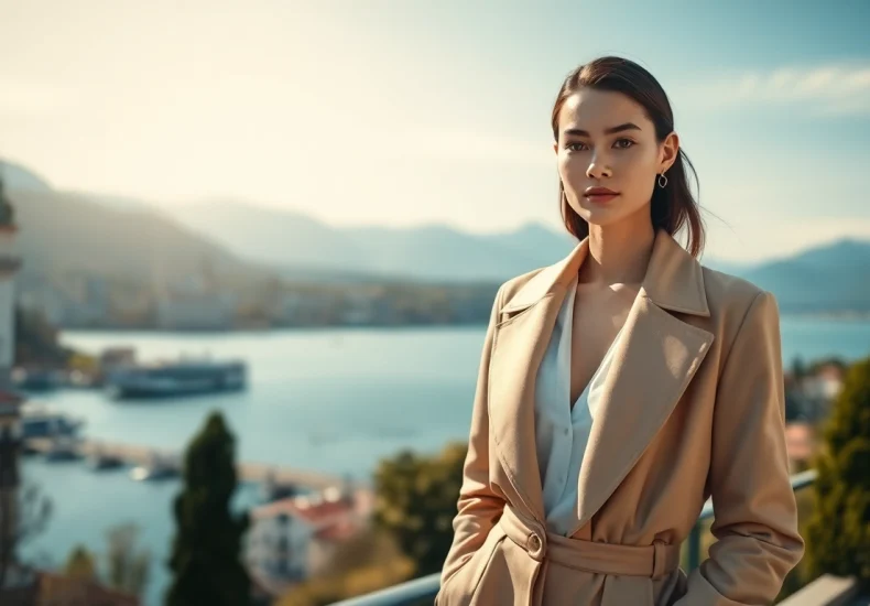 Model Zurich in stylish outfit against the backdrop of Zurich's iconic cityscape.