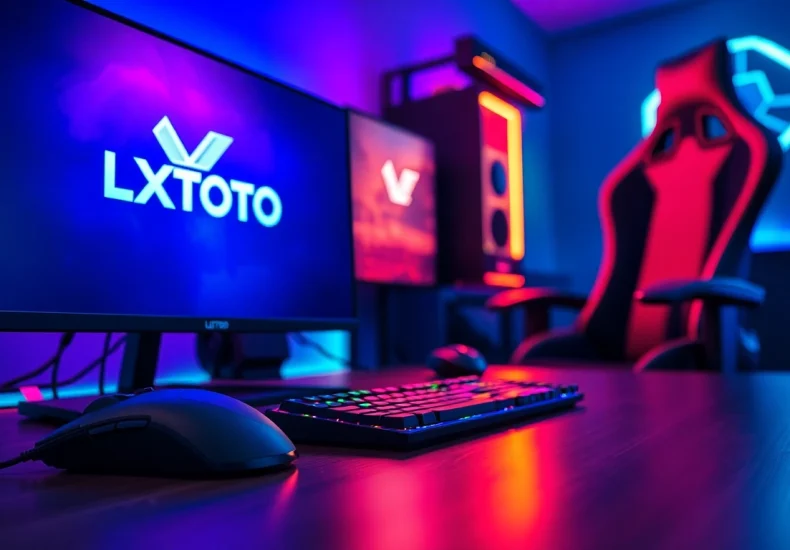 Menampilkan logo LXTOTO pada monitor dalam pengaturan gaming profesional yang menawan.