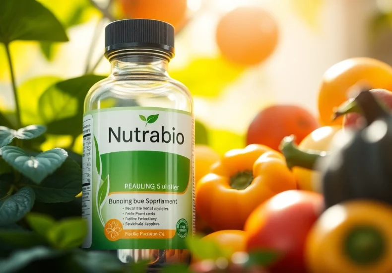 Nutrabio health supplement bottle surrounded by fresh ingredients, promoting wellness and vitality.