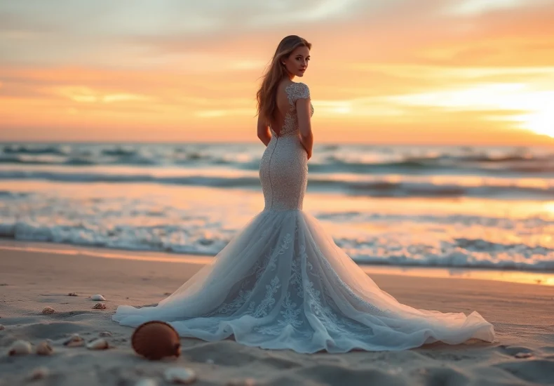 A model showcases exquisite mermaid wedding dresses on a beach during sunset, emphasizing elegance and romance.