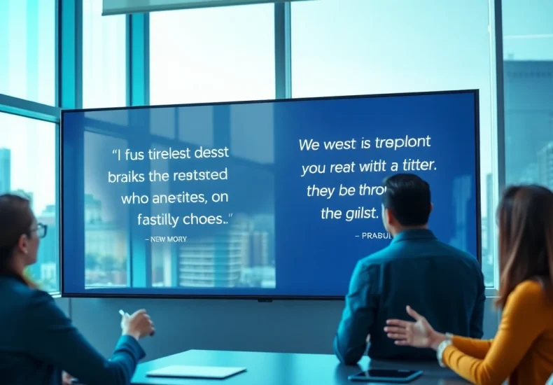 Engaging team discusses business quotes in a dynamic office environment with inspiring visuals.