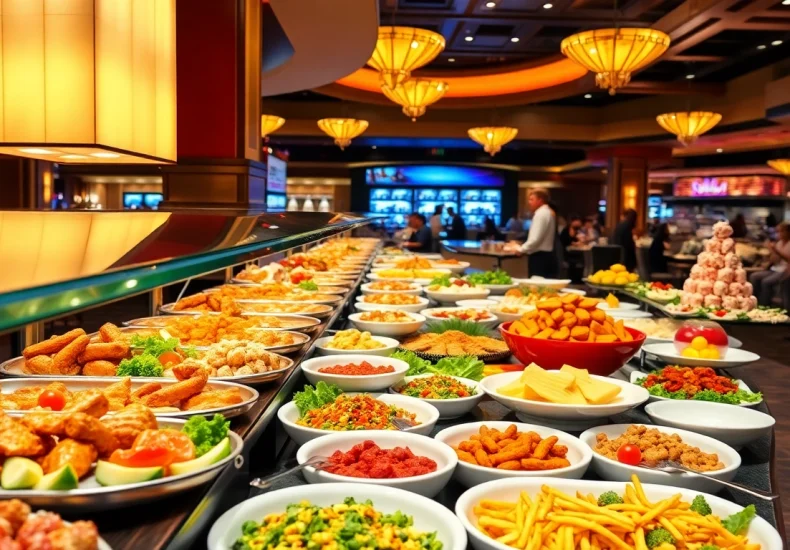 Discover enticing Buffets in Vegas with an array of dishes displayed elegantly at a vibrant buffet table.