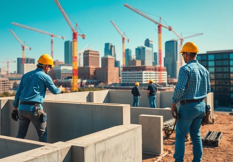 Workers on an active austin construction site developing a new building in the city.