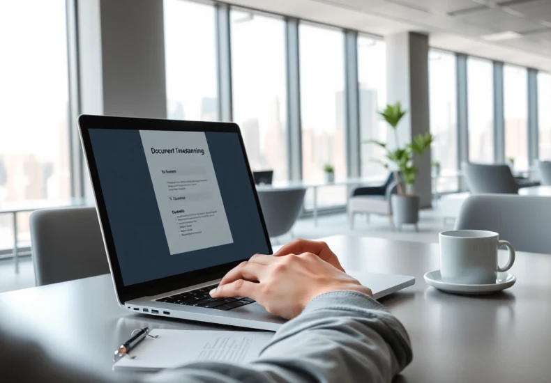 Stamp a document online easily with a professional setup in a bright office environment.
