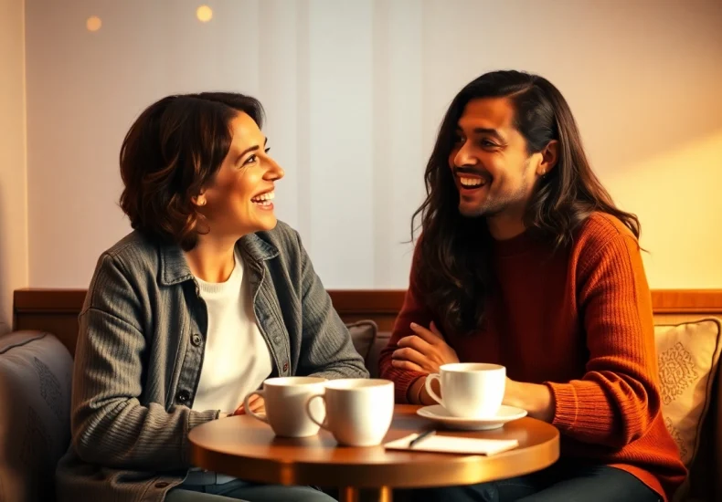 Couple engaging in meaningful communication in relationships at a café table.
