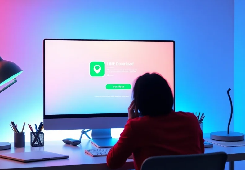 Download the 電腦版line下載 on a computer screen in a modern office setup.