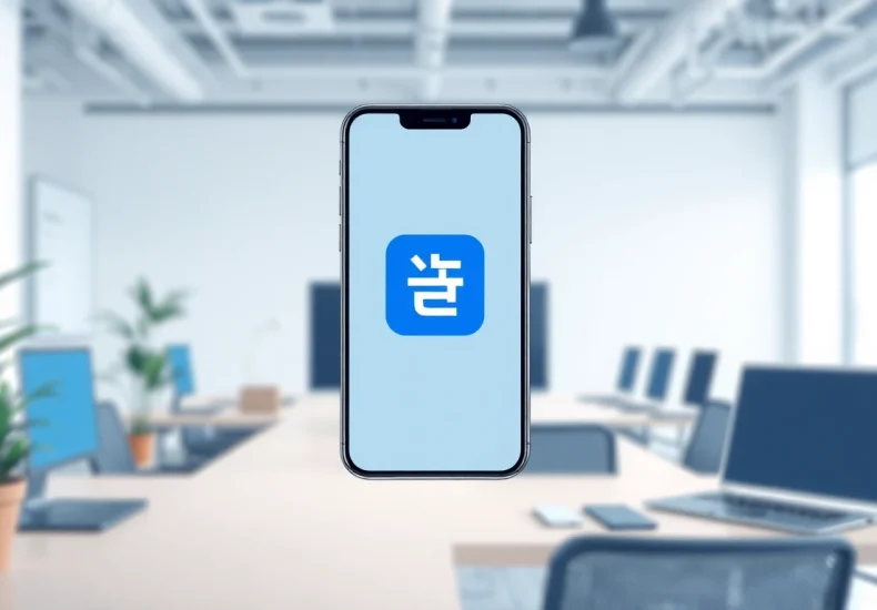 Showcase the 美洽下载 app interface on a mobile device in a modern workspace setting.