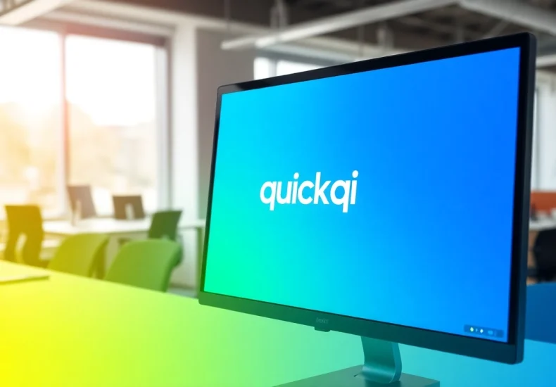 Discover the quickq下载 interface on a vibrant computer screen in a modern office environment.